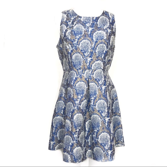 Dresses & Skirts - Y&I Brocade Blue Gold White Fit & Flare Dress NEW